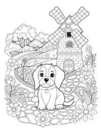 Puppy in a whimsical windmill garden