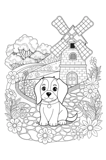 A coloring page of Puppy in a whimsical windmill garden