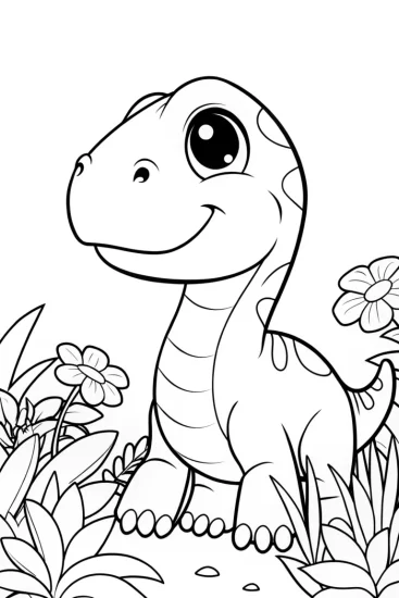 A coloring page of Baby dinosaur in a garden