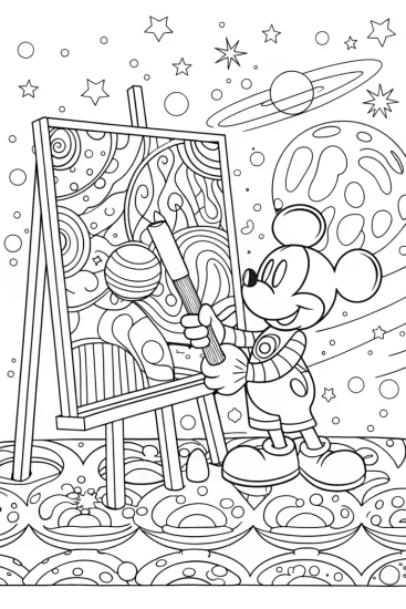 A coloring page of Mickey Mouse’s galactic art show