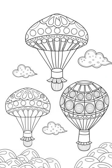 A coloring page of Mushrooms in hot air balloons