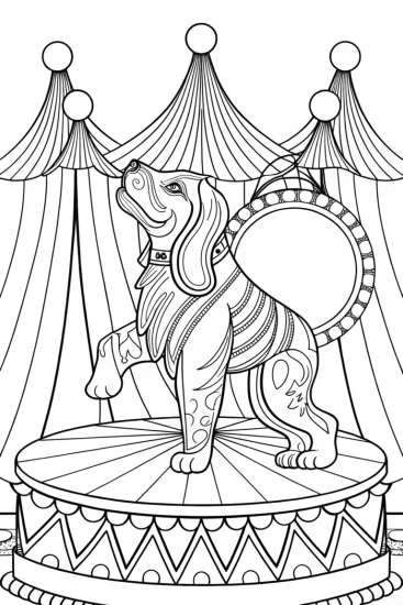 A coloring page of Heroic dog in a circus