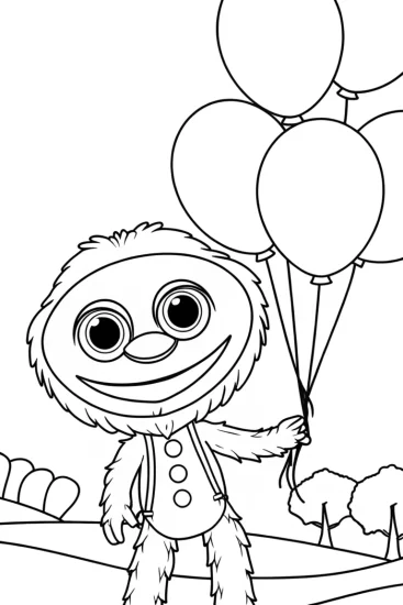 A coloring page of Huggy Wuggy’s balloon adventure