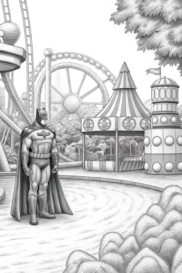 A coloring page of Batman at the quantum carnival