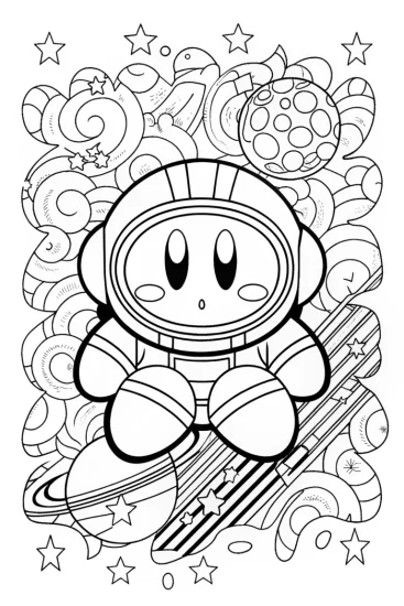 A coloring page of Kirby the scientist in space