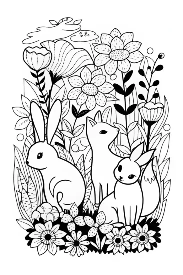 A coloring page of Woodland creatures in a magical garden