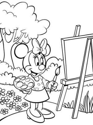 Minnie Mouse painting in the garden coloring pages