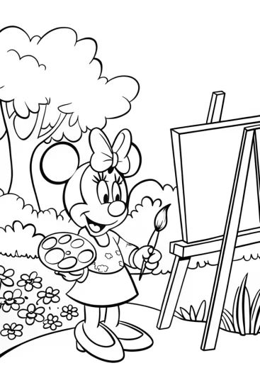 A coloring page of Minnie Mouse painting in the garden