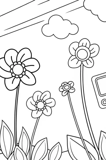 A coloring page of Flowers inventing dream machines