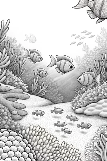 A coloring page of Underwater adventure with fish