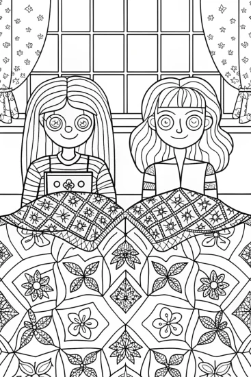 A coloring page of Rainbow High students crafting a quilt