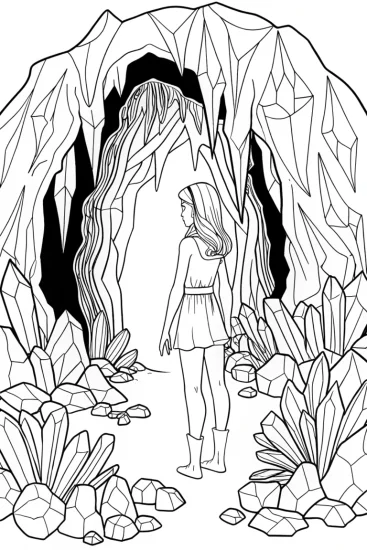A coloring page of Barbie exploring a crystal cave
