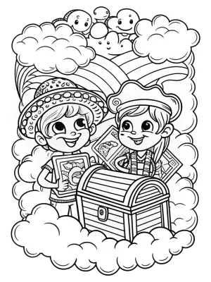 Children’s treasure hunt in the clouds coloring pages