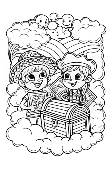 A coloring page of Children’s treasure hunt in the clouds