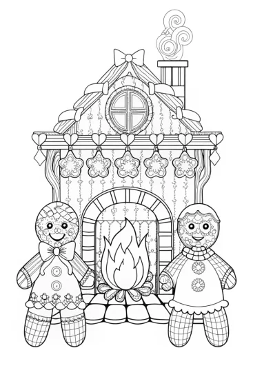 A coloring page of Gingerbread characters by the fire