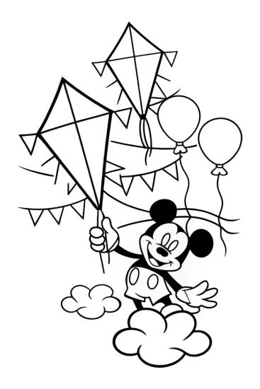 A coloring page of Mickey Mouse kite festival
