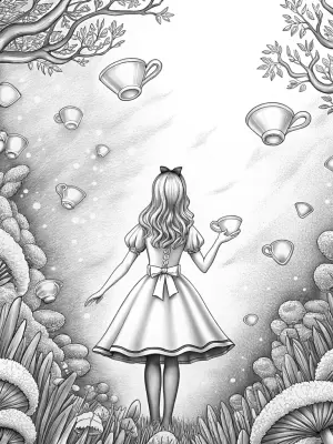 Alice in a floating tea garden coloring pages