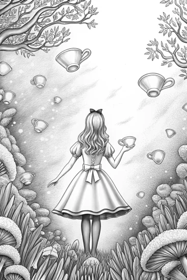 A coloring page of Alice in a floating tea garden