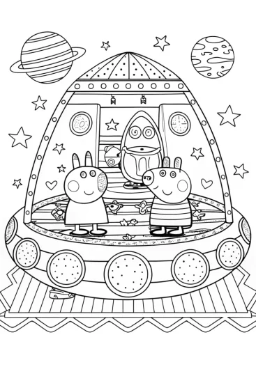 A coloring page of Peppa Pig’s space picnic