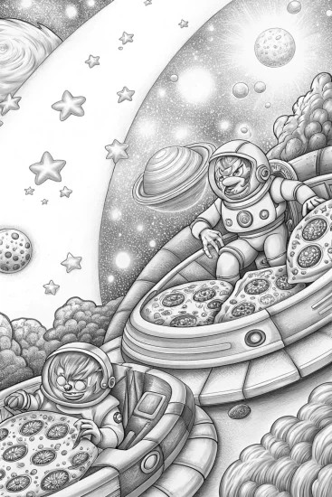 A coloring page of Bowser delivering pizzas in space