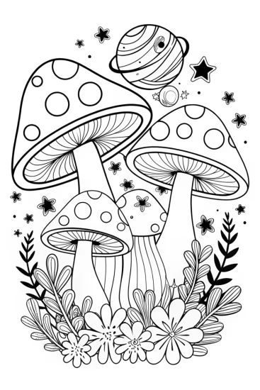 A coloring page of Mushrooms exploring a cosmic garden