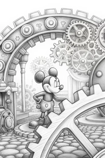 A coloring page of Mickey Mouse in a clockwork city
