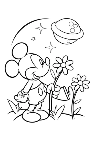 A coloring page of Mickey Mouse cosmic gardening