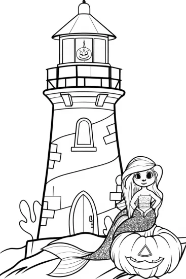 A coloring page of Mermaid at the Halloween lighthouse