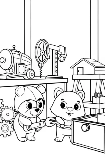 A coloring page of Inventive animals in a workshop