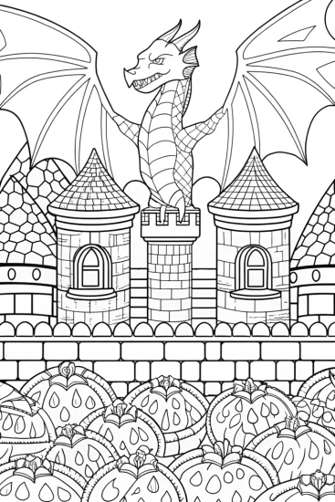 A coloring page of Dragon flying over candy corn island