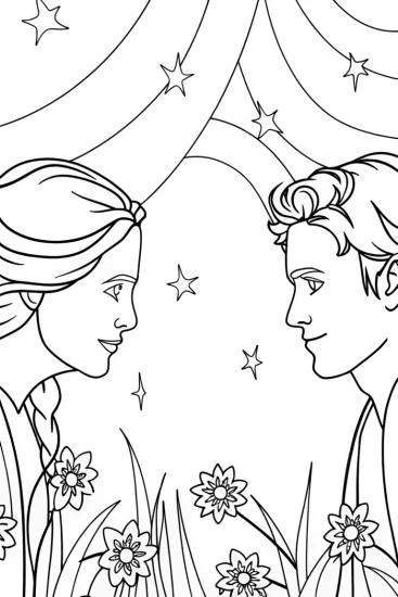 A coloring page of Avengers in a cosmic garden