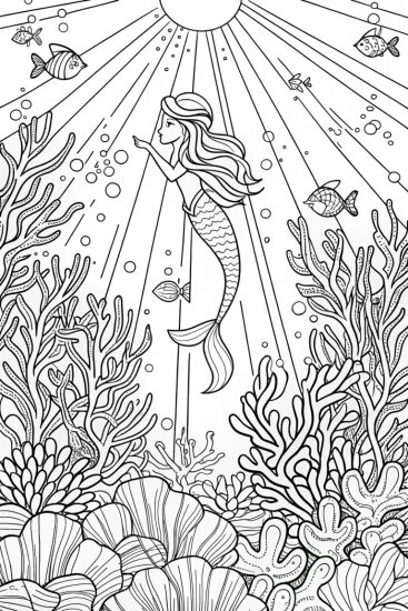 A coloring page of Little Mermaid’s underwater expedition