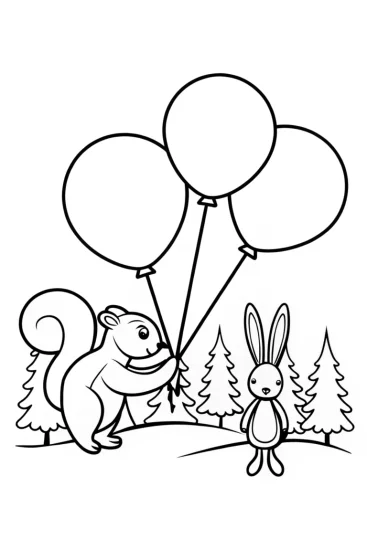 A coloring page of Squirrel and rabbit balloon race