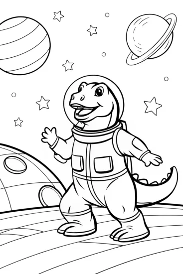 A coloring page of Godzilla dancing in space