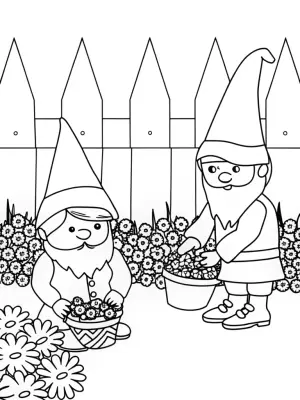Gnomes crafting flower crowns coloring pages