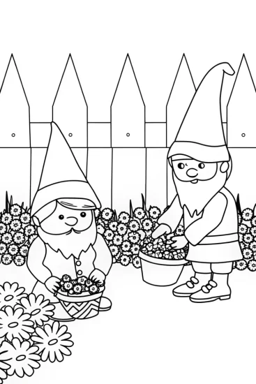 A coloring page of Gnomes crafting flower crowns