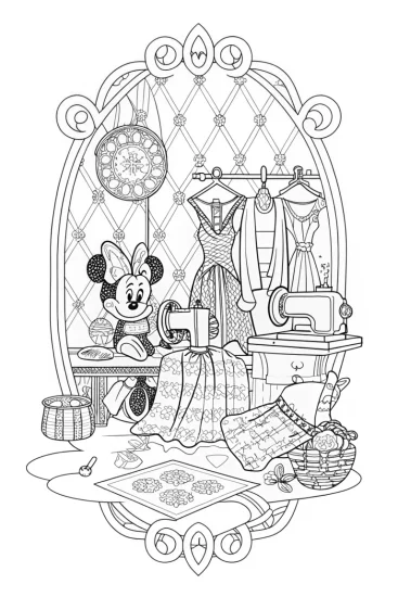 A coloring page of Minnie Mouse’s costume workshop