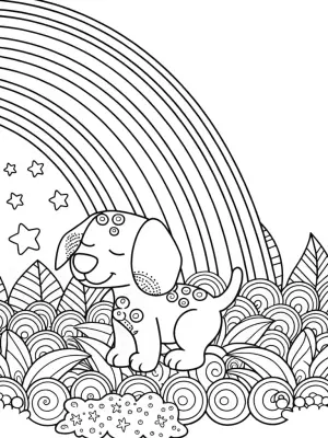 Puppy under the celestial rainbow coloring pages