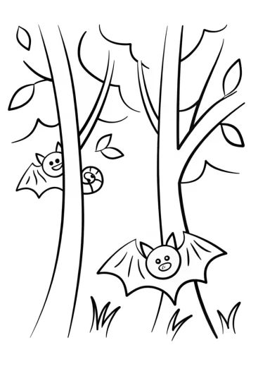 A coloring page of Bats collecting candy in a forest