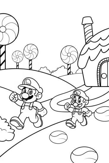 A coloring page of Mario and Luigi racing in Candy Land
