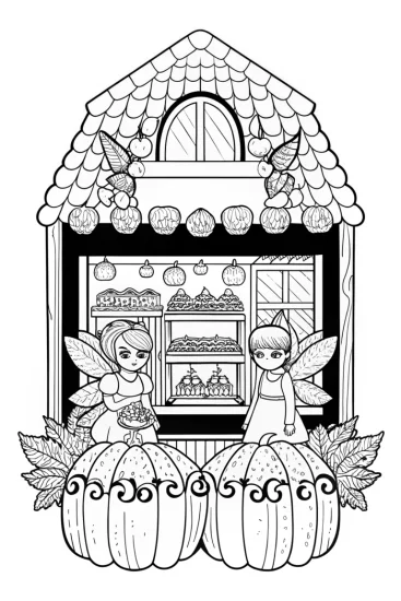 A coloring page of Fairies in the pumpkin bakery