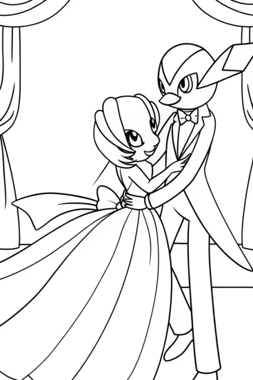 A coloring page of Gardevoir and Gallade dance