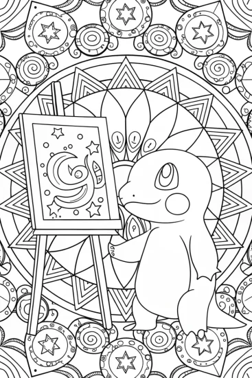 A coloring page of Charmander painting the cosmos