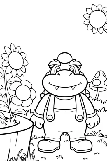 A coloring page of Bowser in a magical garden
