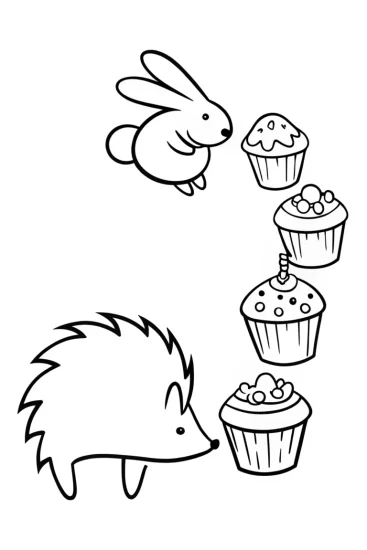 A coloring page of Hedgehog and rabbit cupcake parade