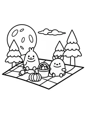 Halloween picnic with friendly monsters coloring pages