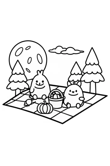 A coloring page of Halloween picnic with friendly monsters