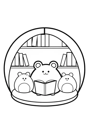 A coloring page of Squishmallows in a bookstore