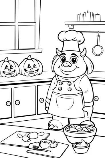 A coloring page of Monster chef in a pumpkin kitchen