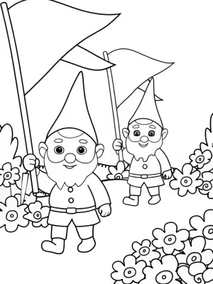 Tiny gnomes in a garden parade coloring pages